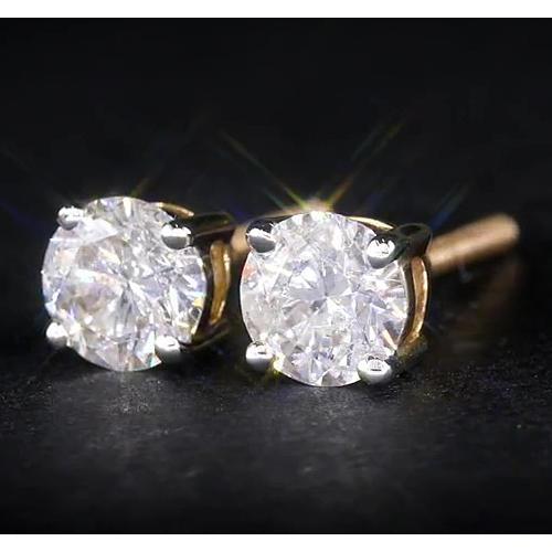 Round Real Diamond 1.80 Carats Stud Earrings Basket Setting Yellow Gold 