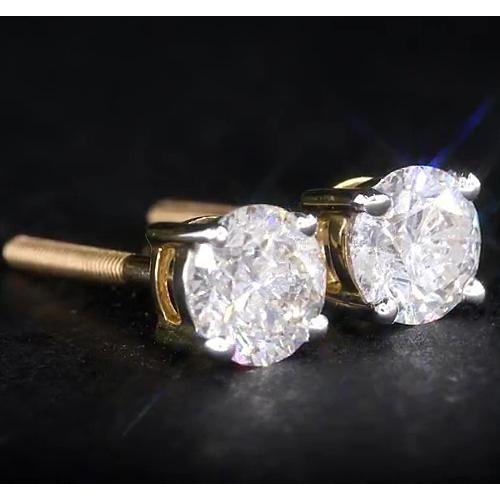 Round Real Diamond Stud Earrings Basket Setting Yellow Gold 14K