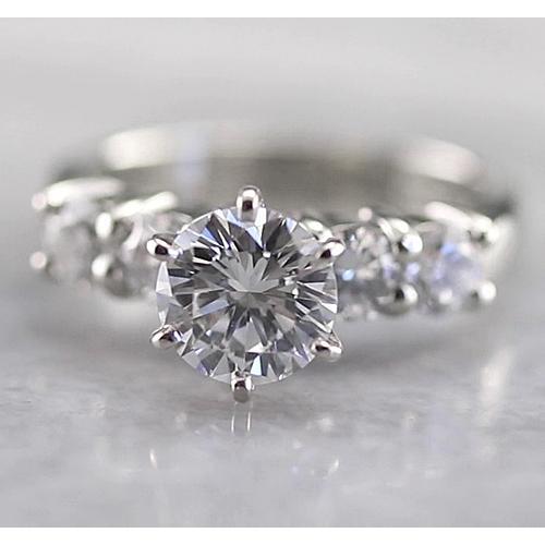 Round Real Diamond Engagement Ring 2 Carats Six Prong White Gold 14K