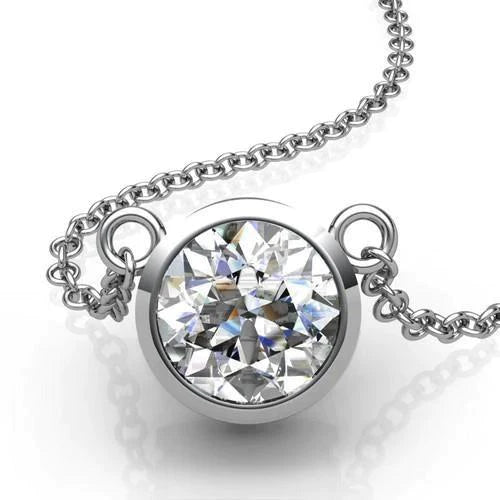 Round Real Diamond Pendant Necklace Women New 1.50 Carat White Gold 14K