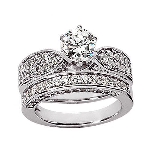 Round Real Diamond Ring Engagement Band Set 3.15 Carats White Gold 14K