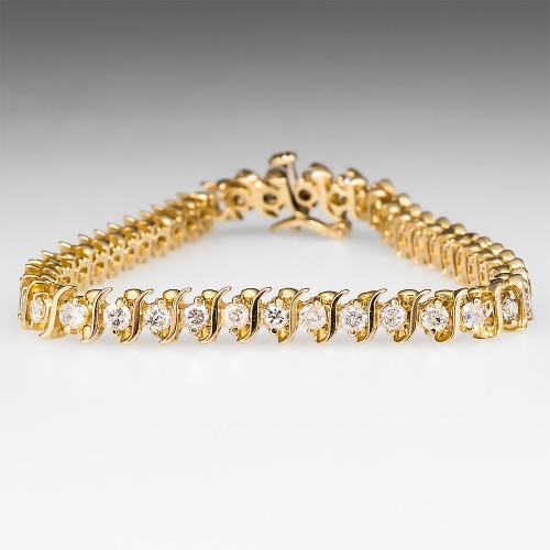 Round Real Diamond S Link 14K Yellow Gold Tennis Bracelet