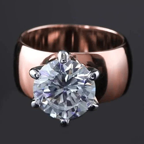 Round Real Diamond Solitaire Ring 2.50 Carats Thick Shank Rose Gold 14K