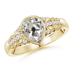 Round Real Natural Earth Mined Diamond & Pear Old Cut Ring Leaf Style Gold Jewelry 2 Carats