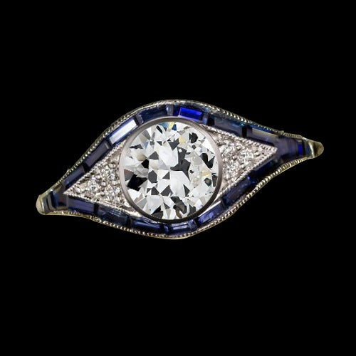 Round Real Old Cut Diamond Bezel Set Ring & Baguette Sapphire 3 Carats - Halo Ring-harrychadent.ca