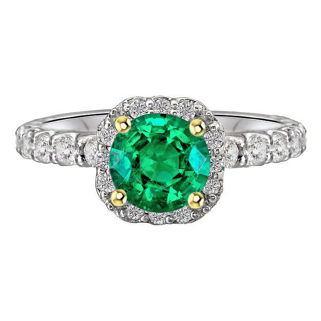 Emerald Round Brilliant Gemstone Ring in 14 Karat Two Tone Gold – main view