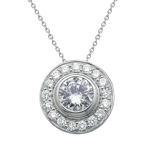 Round Shaped Real Diamond Pendant Necklace Bezel Set 3 Ct. White Gold 14K
