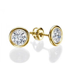 Round Solitaire Genuine Diamond Stud Earrings 2 Carats 14K Yellow Gold