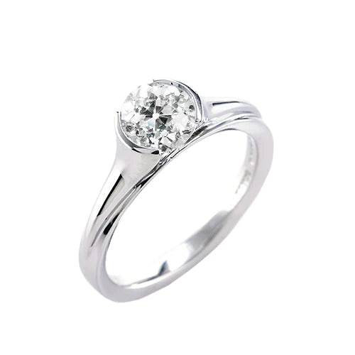 Round Solitaire Old Mine Cut Natural Diamond Ring Half Bezel Set 1 Carat