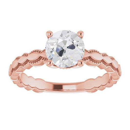 Round Solitaire Real Old Mine Cut Diamond Ring 2 Carats Milgrain Shank
