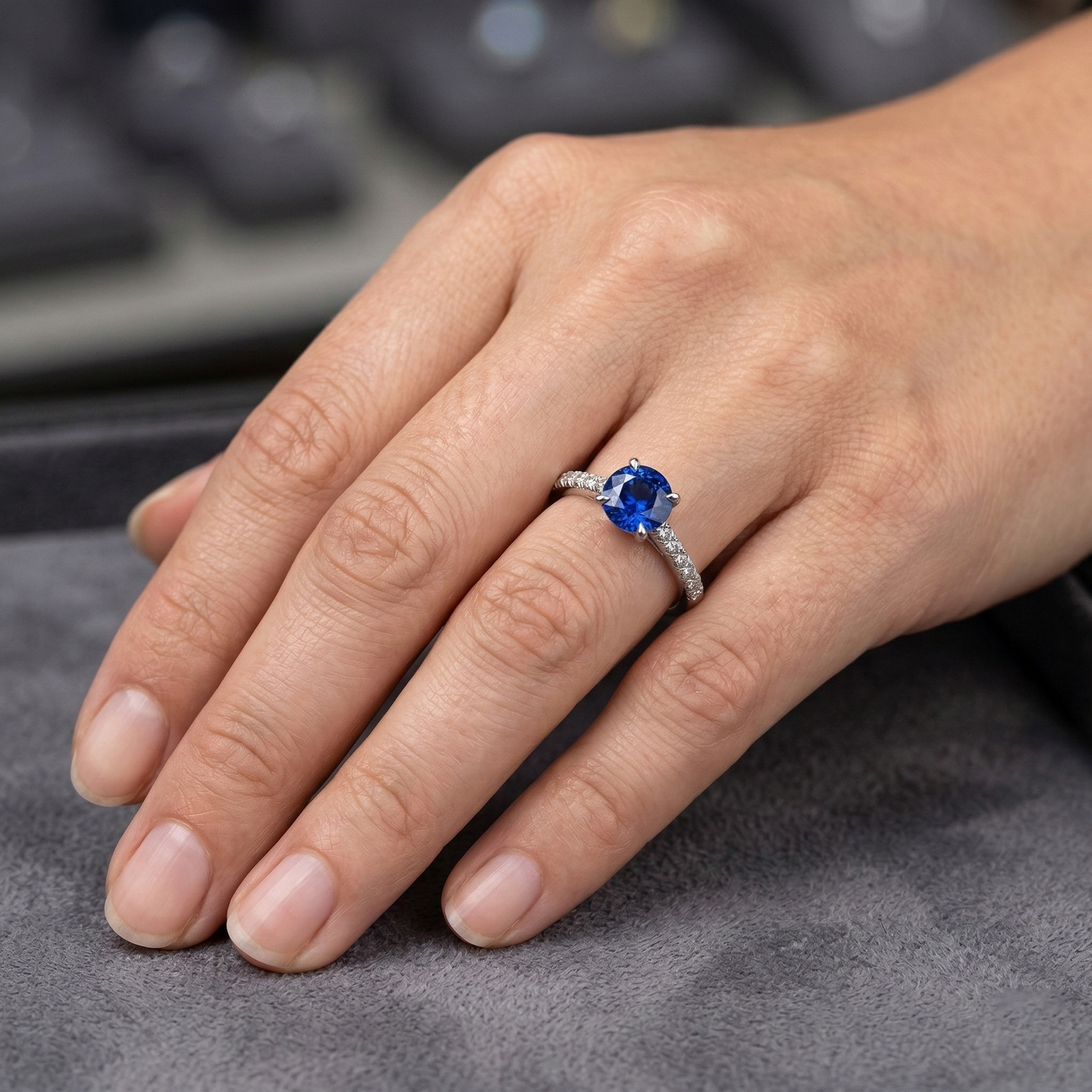 Round Sri Lanka Sapphire Ring Natural Earth Mined Diamond ( Not Lab Grown )  Jewelry White Gold 14K