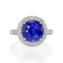 Round Cut Halo Natural Earth Mined Diamond And Sri Lanka Blue Sapphire Ring 14K