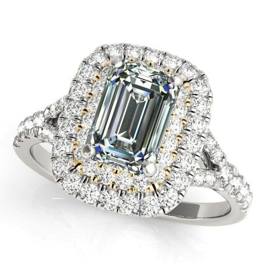Round & Emerald Genuine Diamond Double Halo Ring 6.50 Carats 14K Gold