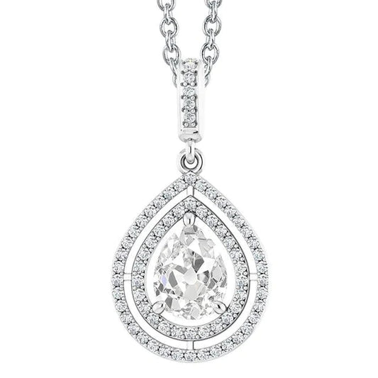 Round & Pear Old Mine Cut Halo Real Diamond Pendant Gold 3.50 Carats