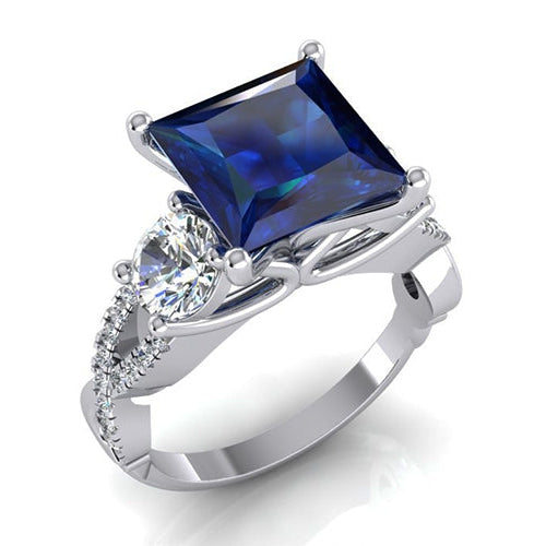 IGI CERTIFIED Royal Blue Sapphire Diamond Ring 5.50 Ct Princess Cut Gold 14K