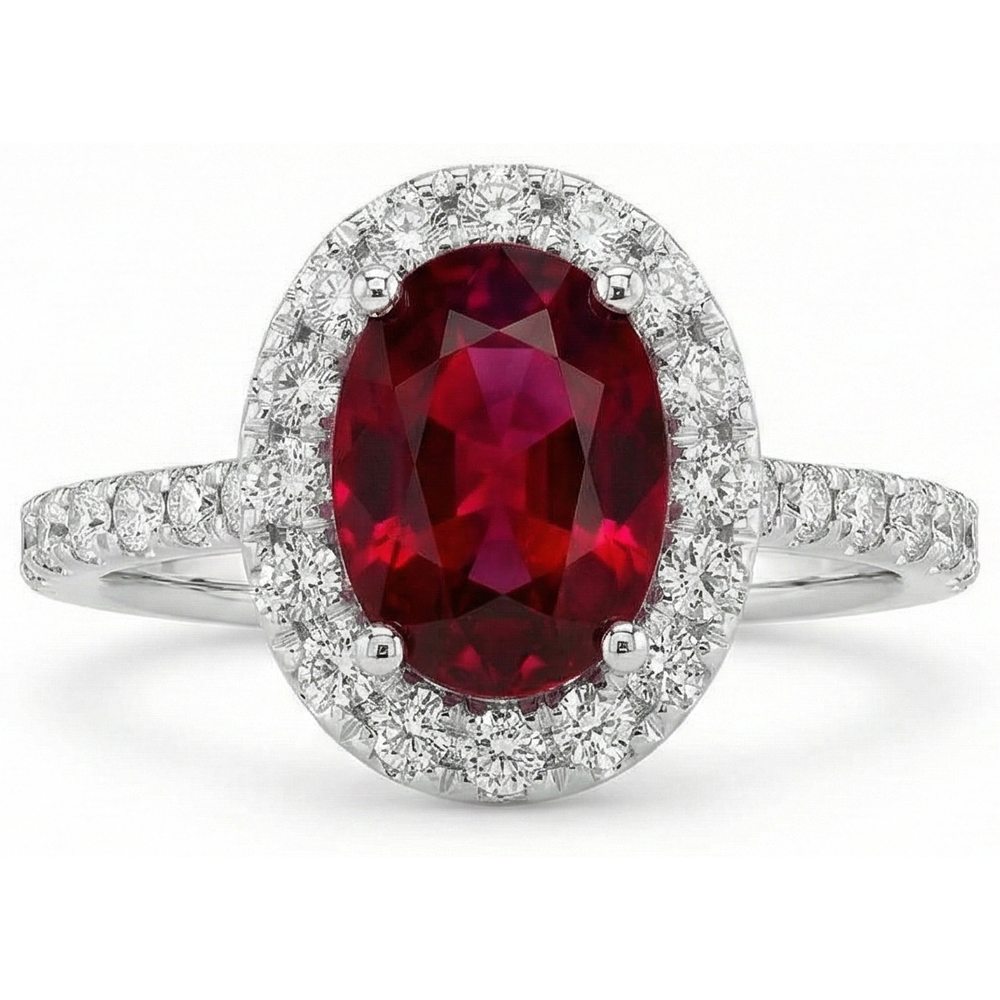 Ruby And Halo Natural Earth Mined Diamond ( Not Lab Grown ) Wedding Ring White Gold 14K 4.55 Ct