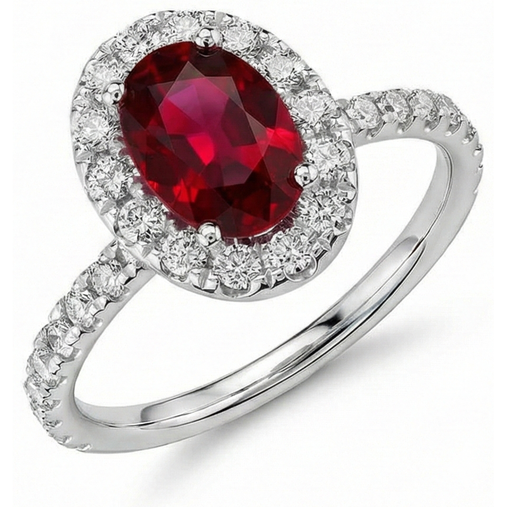 Ruby And Halo Natural Earth Mined Diamond ( Not Lab Grown ) Wedding Ring White Gold 14K 4.55 Ct