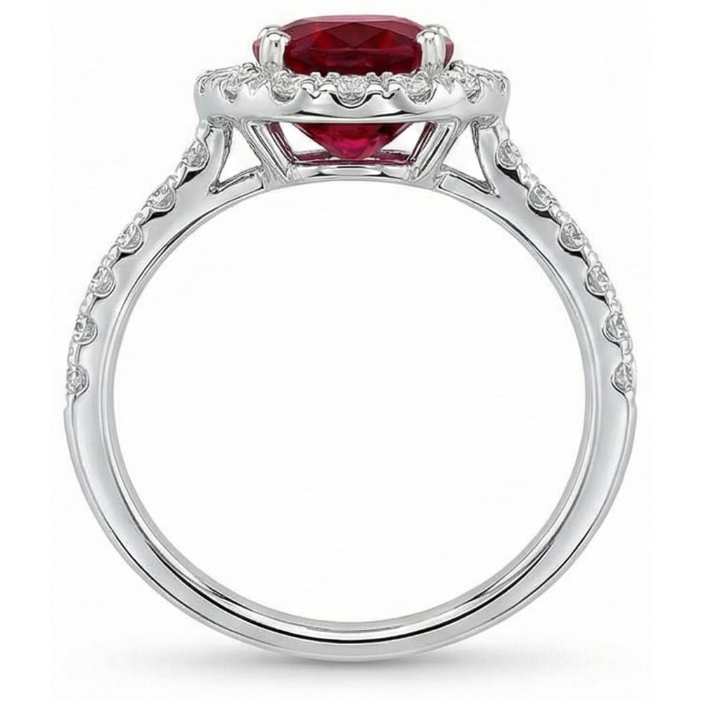 Ruby And Halo Natural Earth Mined Diamond ( Not Lab Grown ) Wedding Ring White Gold 14K 4.55 Ct