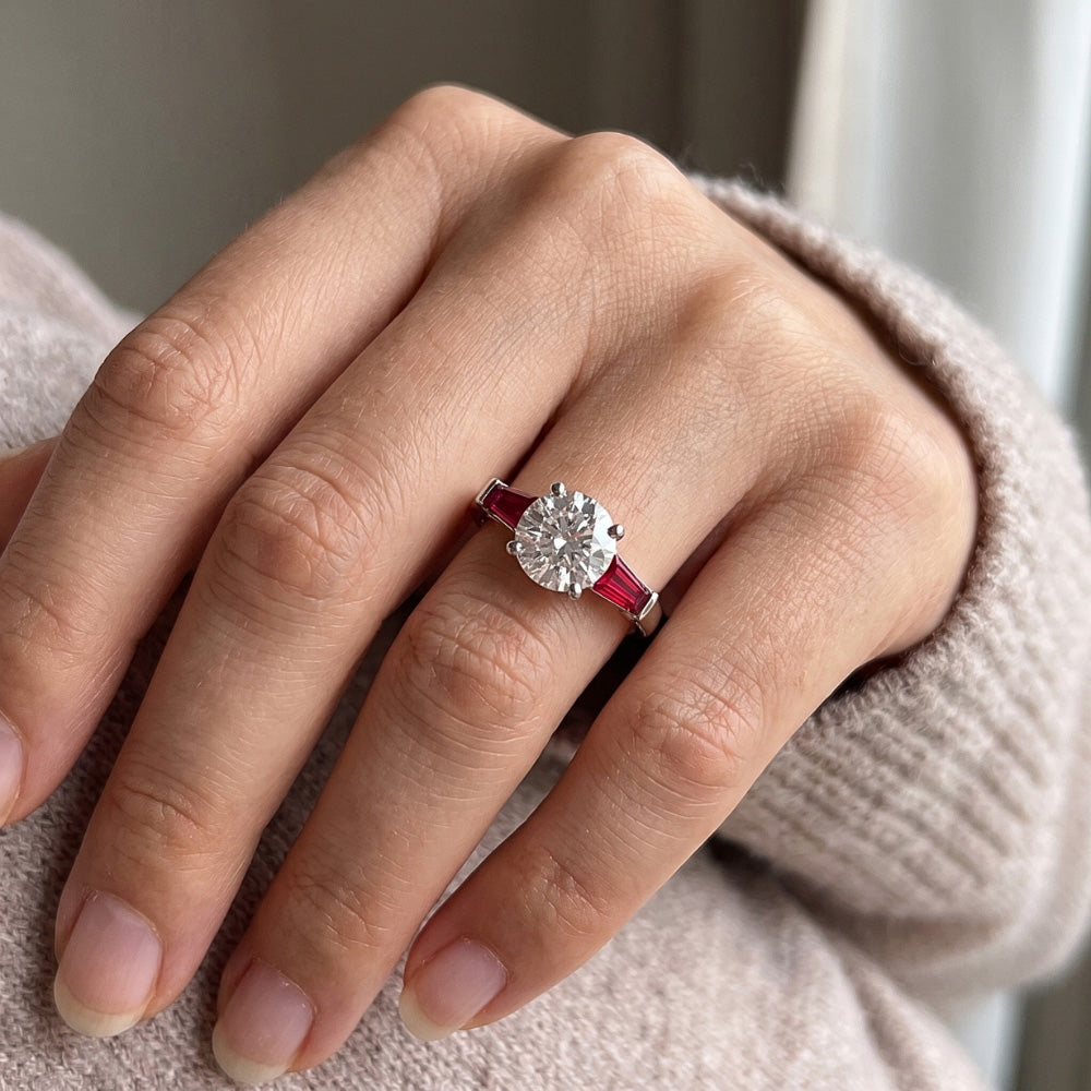 Ruby & Natural Earth Mined Diamond ( Not Lab Grown ) Trilogy Ring 3.20 Carats Old Cut 14K Gold