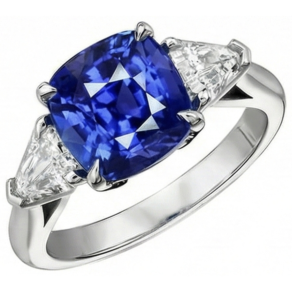 natural cushion sapphire 3ct ring close up detail