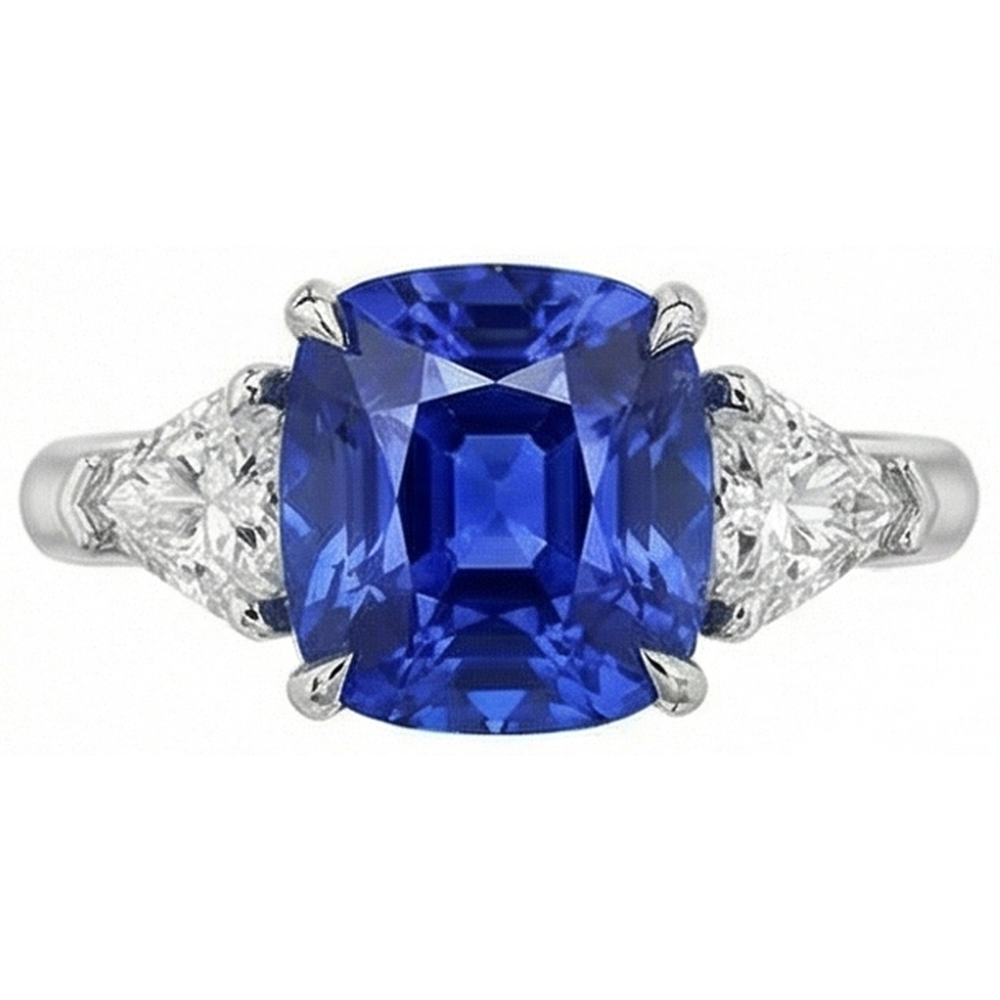 natural cushion sapphire 3ct ring on white background