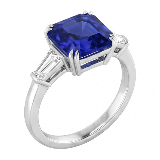Sapphire And Baguette Natural Earth Mined Diamond ( Not Lab Grown ) Ring