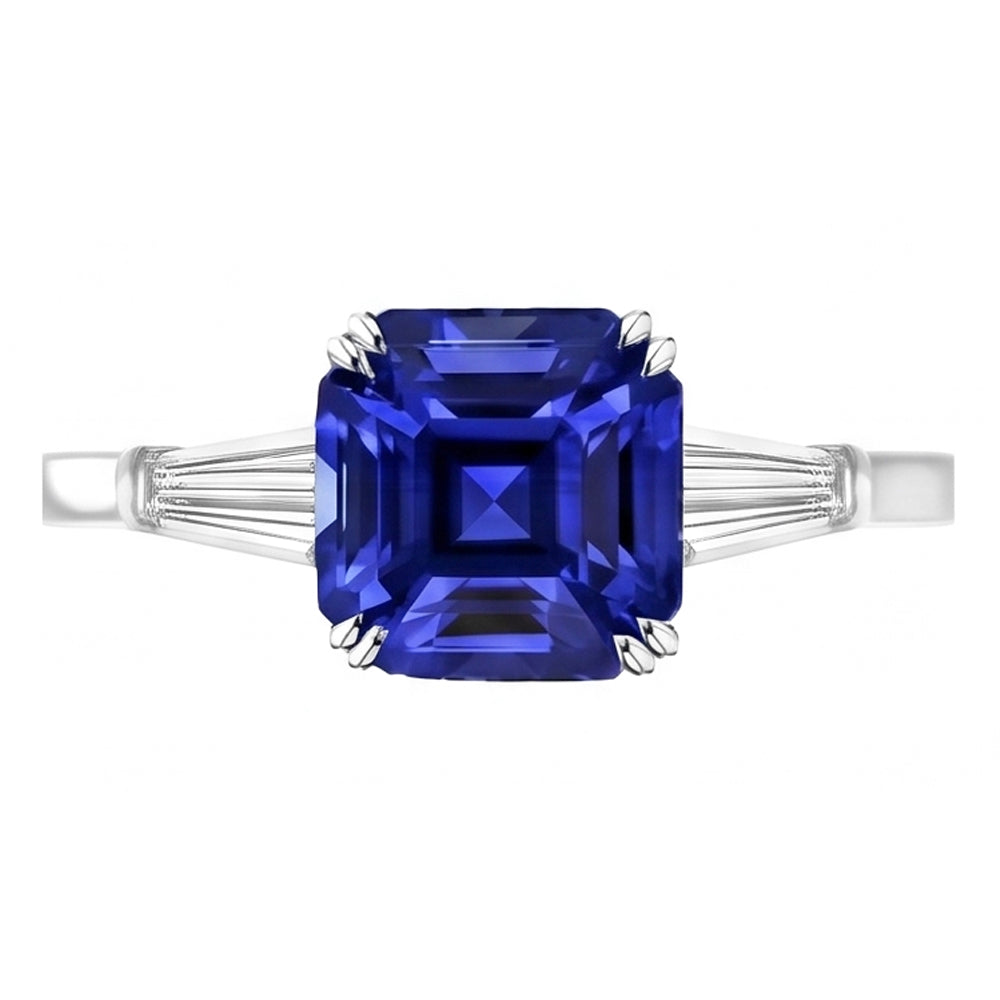 Sapphire And Baguette Natural Earth Mined Diamond ( Not Lab Grown ) Ring