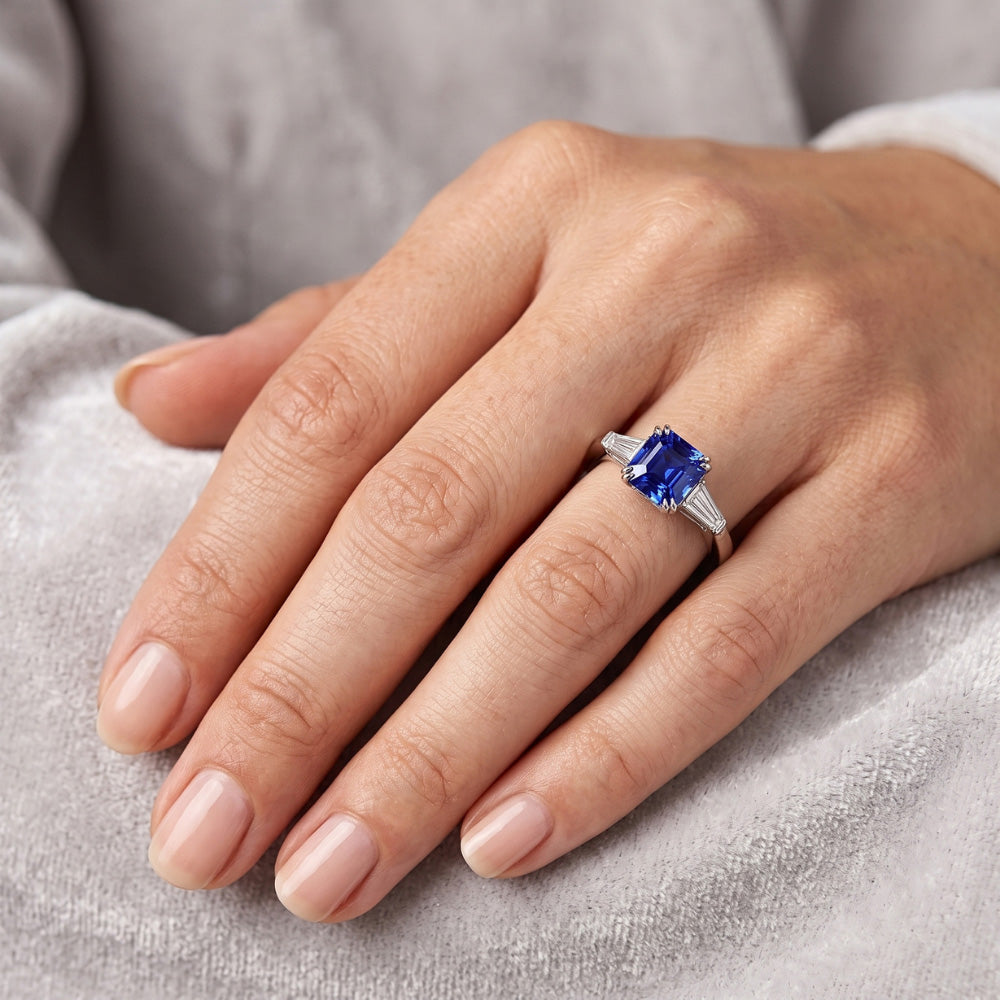 Sapphire And Baguette Natural Earth Mined Diamond ( Not Lab Grown ) Ring