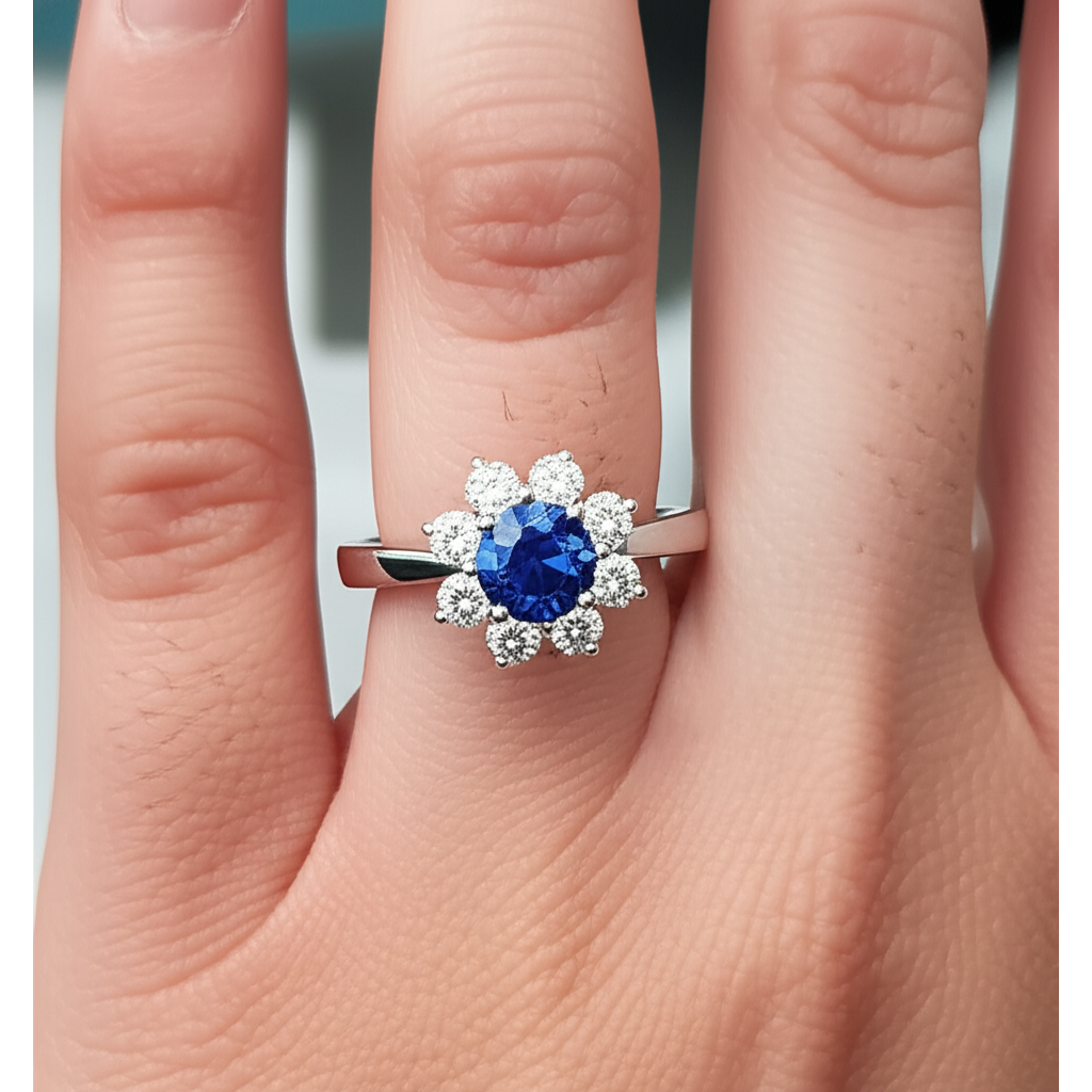 natural round sapphire 2.45ct ring on white background