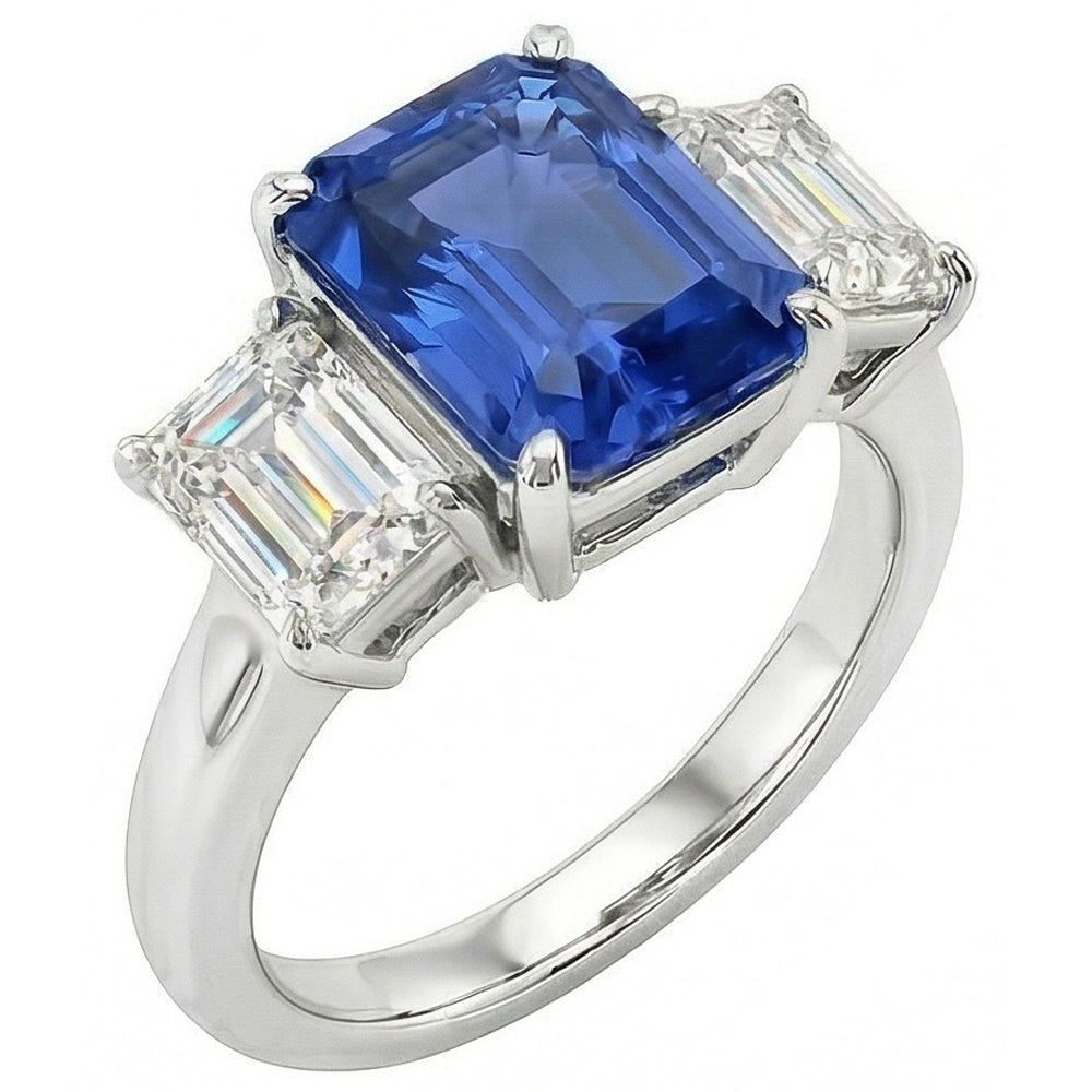Sapphire Anniversary Ring Emerald Cut Natural Earth Mined Diamond ( Not Lab Grown )s 3 Stone 2.50 Carats
