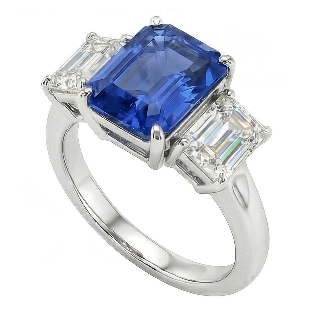 Sapphire Anniversary Ring Emerald Cut Natural Earth Mined Diamond ( Not Lab Grown )s 3 Stone 2.50 Carats