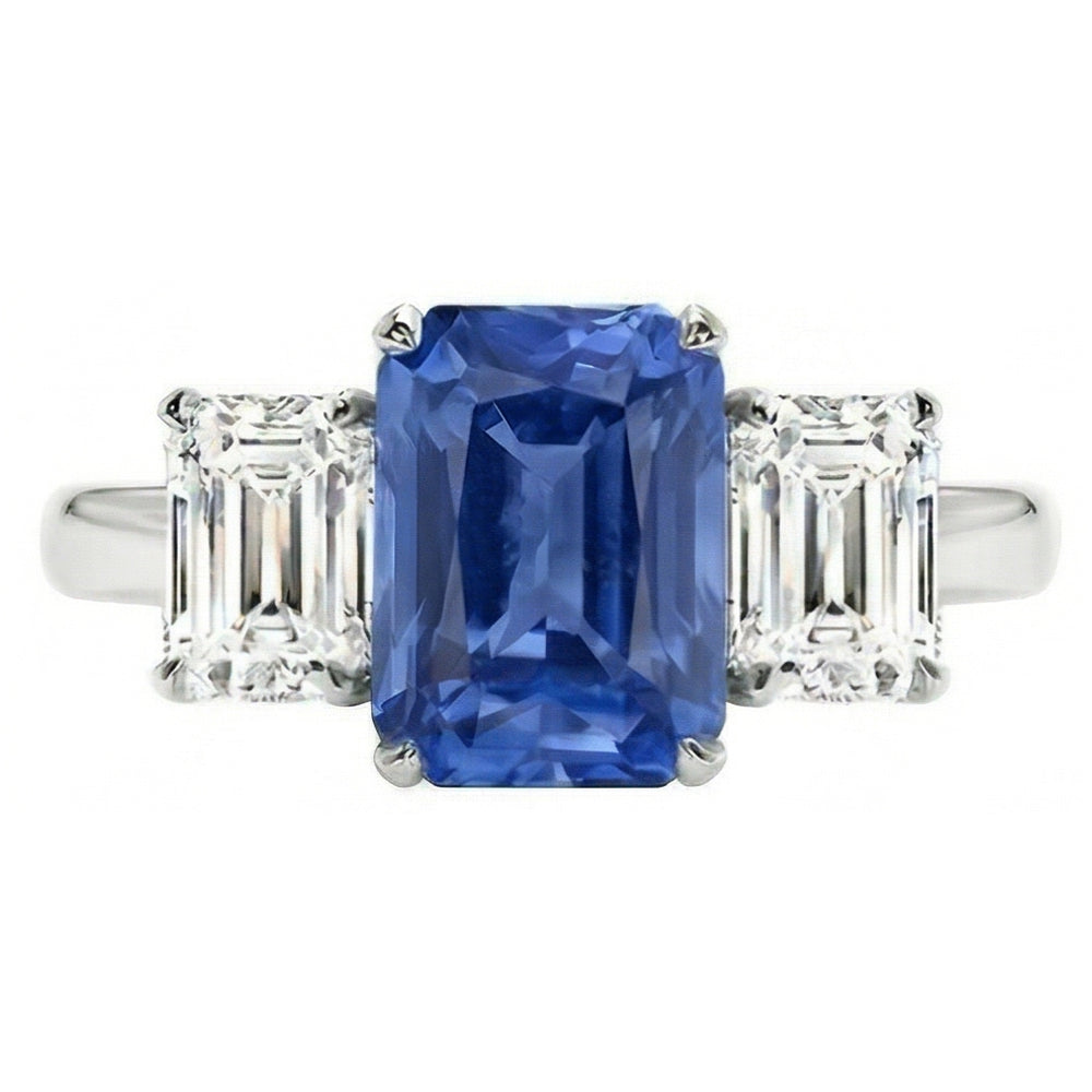 Sapphire Anniversary Ring Emerald Cut Natural Earth Mined Diamond ( Not Lab Grown )s 3 Stone 2.50 Carats