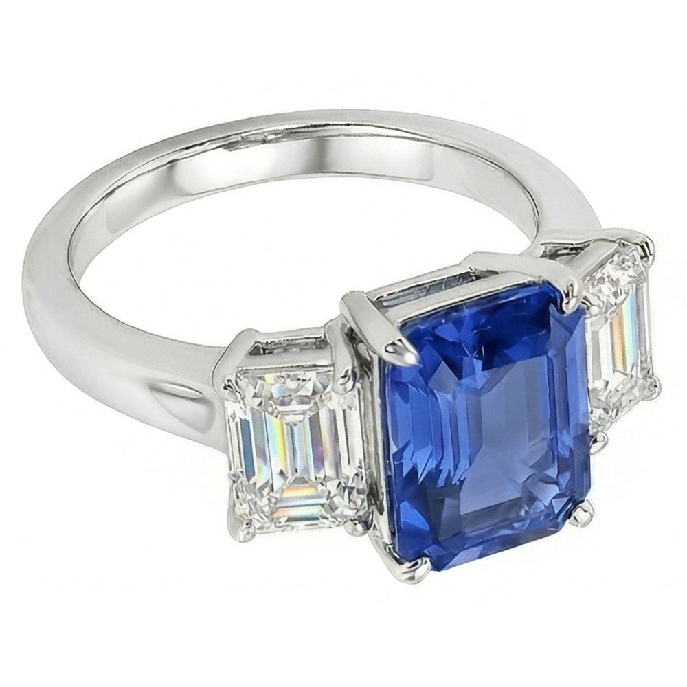 Sapphire Anniversary Ring Emerald Cut Natural Earth Mined Diamond ( Not Lab Grown )s 3 Stone 2.50 Carats