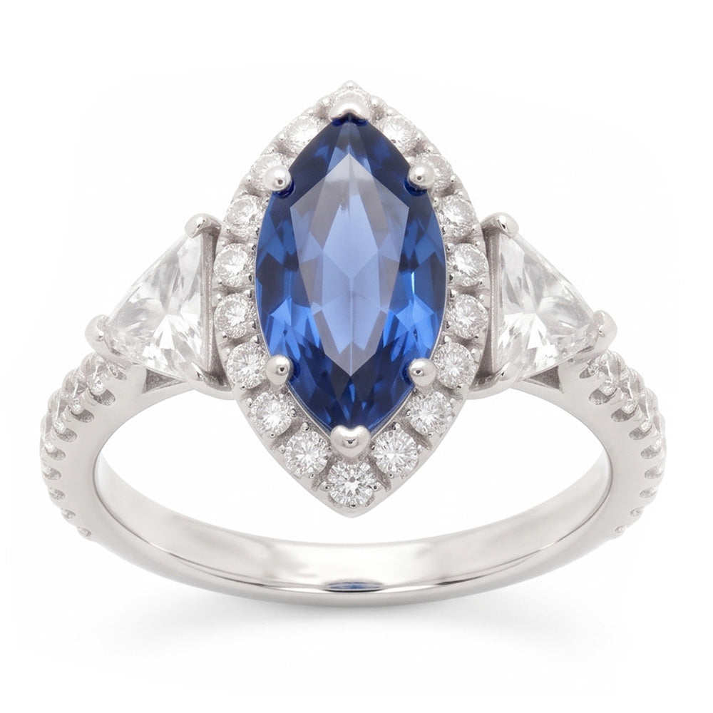 Sapphire Engagement Ring 3 Carat Genuine Marquise Blue Halo Three Stone Platinum