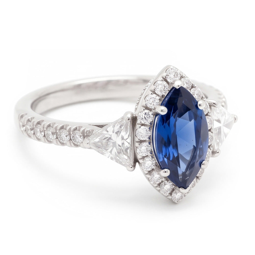 Sapphire Engagement Ring 3 Carat Genuine Marquise Blue Halo Three Stone Platinum