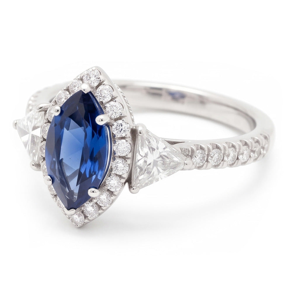 Sapphire Engagement Ring 3 Carat Genuine Marquise Blue Halo Three Stone Platinum