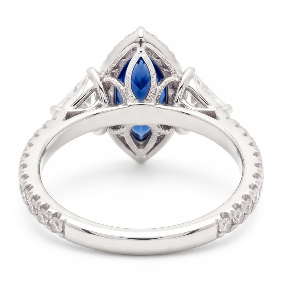 Sapphire Engagement Ring 3 Carat Genuine Marquise Blue Halo Three Stone Platinum