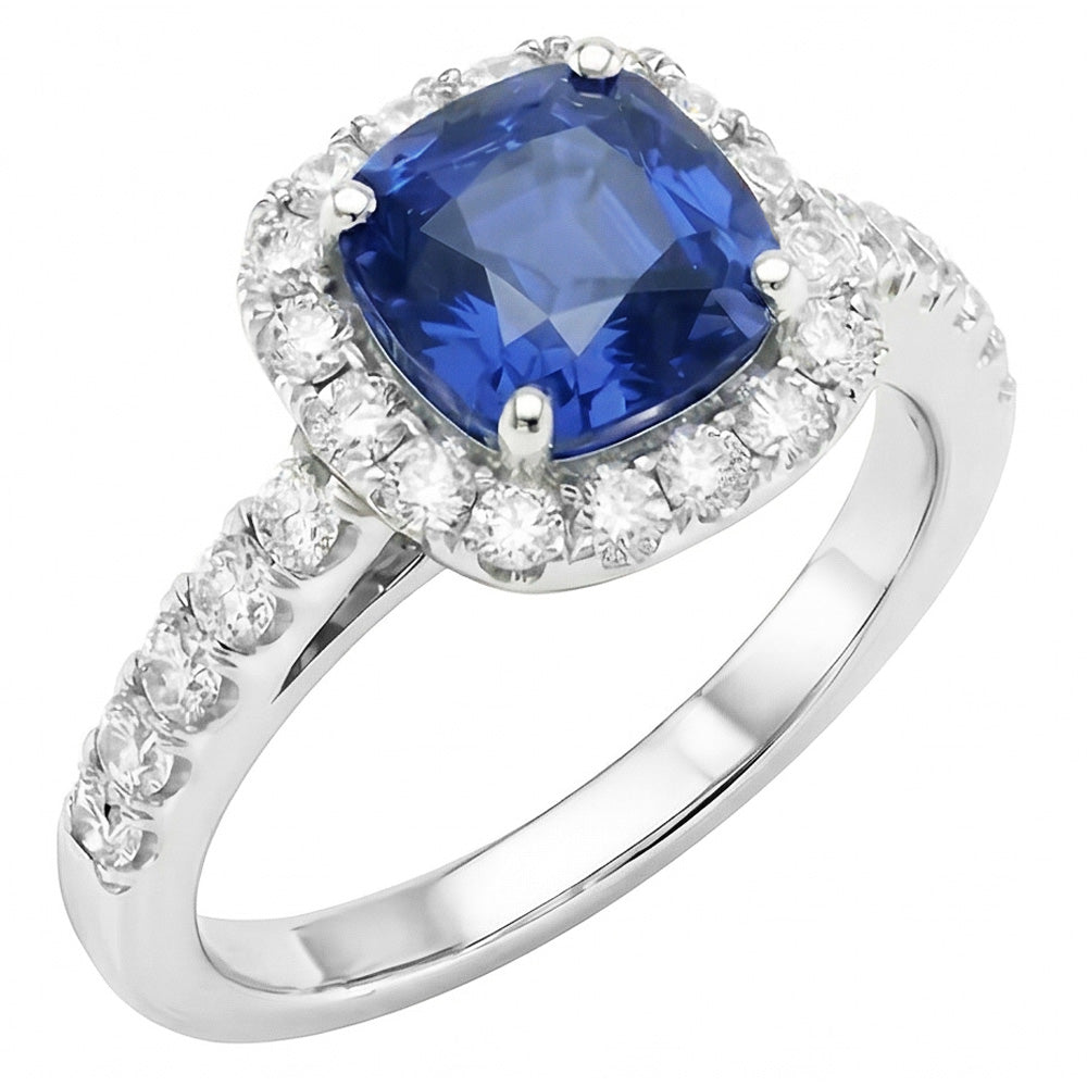 Sapphire Halo Engagement Ring 3.50 Carats Cushion & Round Natural Earth Mined Diamond ( Not Lab Grown )s