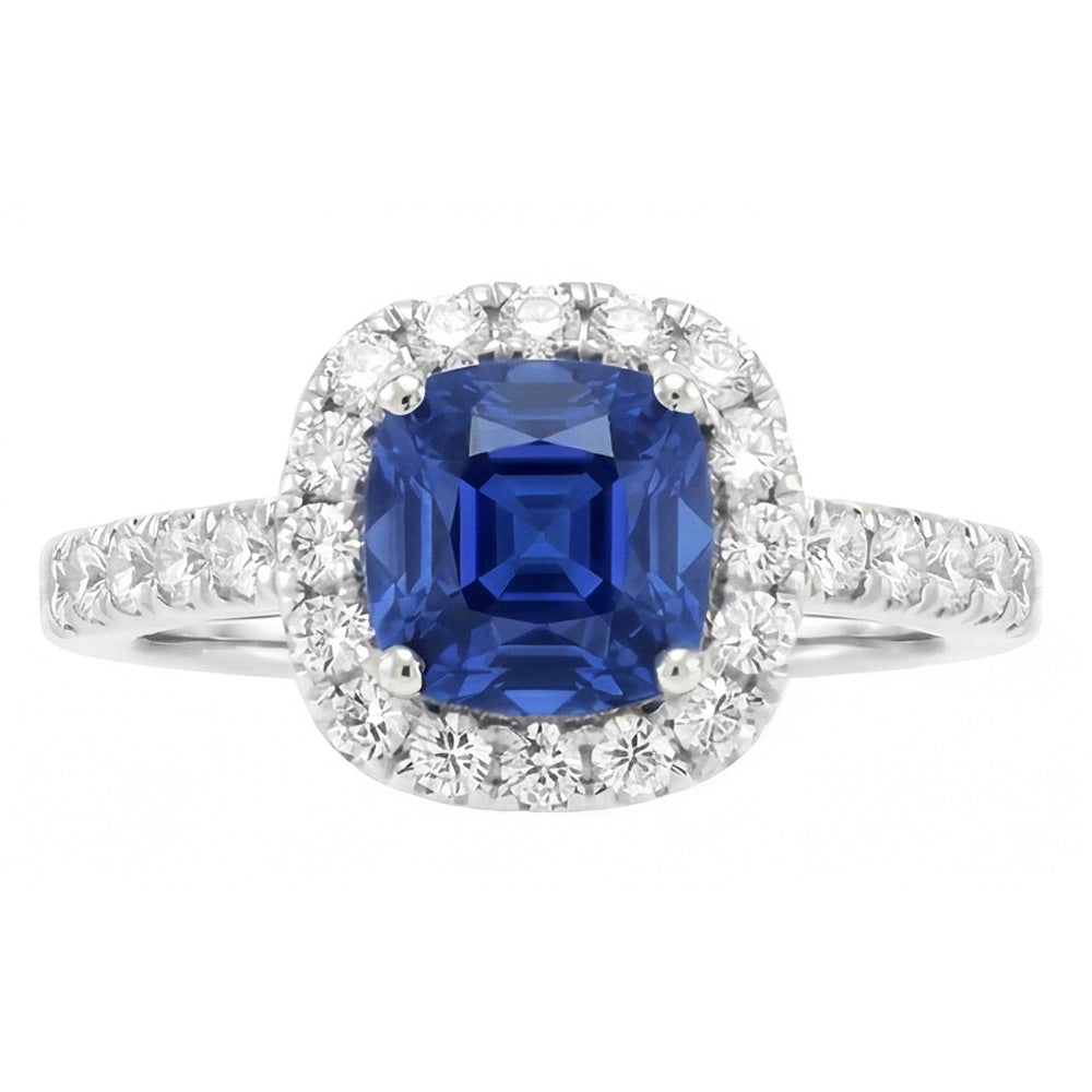 Sapphire Halo Engagement Ring 3.50 Carats Cushion & Round Natural Earth Mined Diamond ( Not Lab Grown )s
