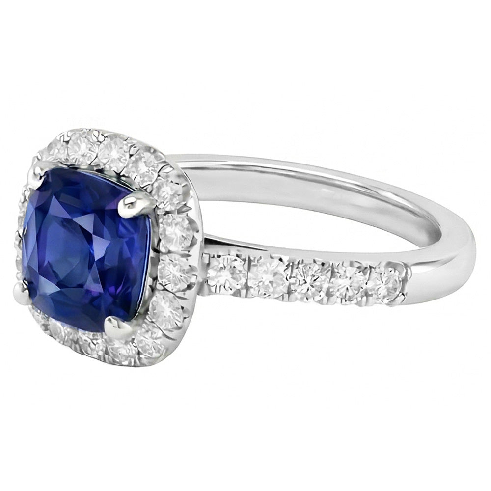 Sapphire Halo Engagement Ring 3.50 Carats Cushion & Round Natural Earth Mined Diamond ( Not Lab Grown )s