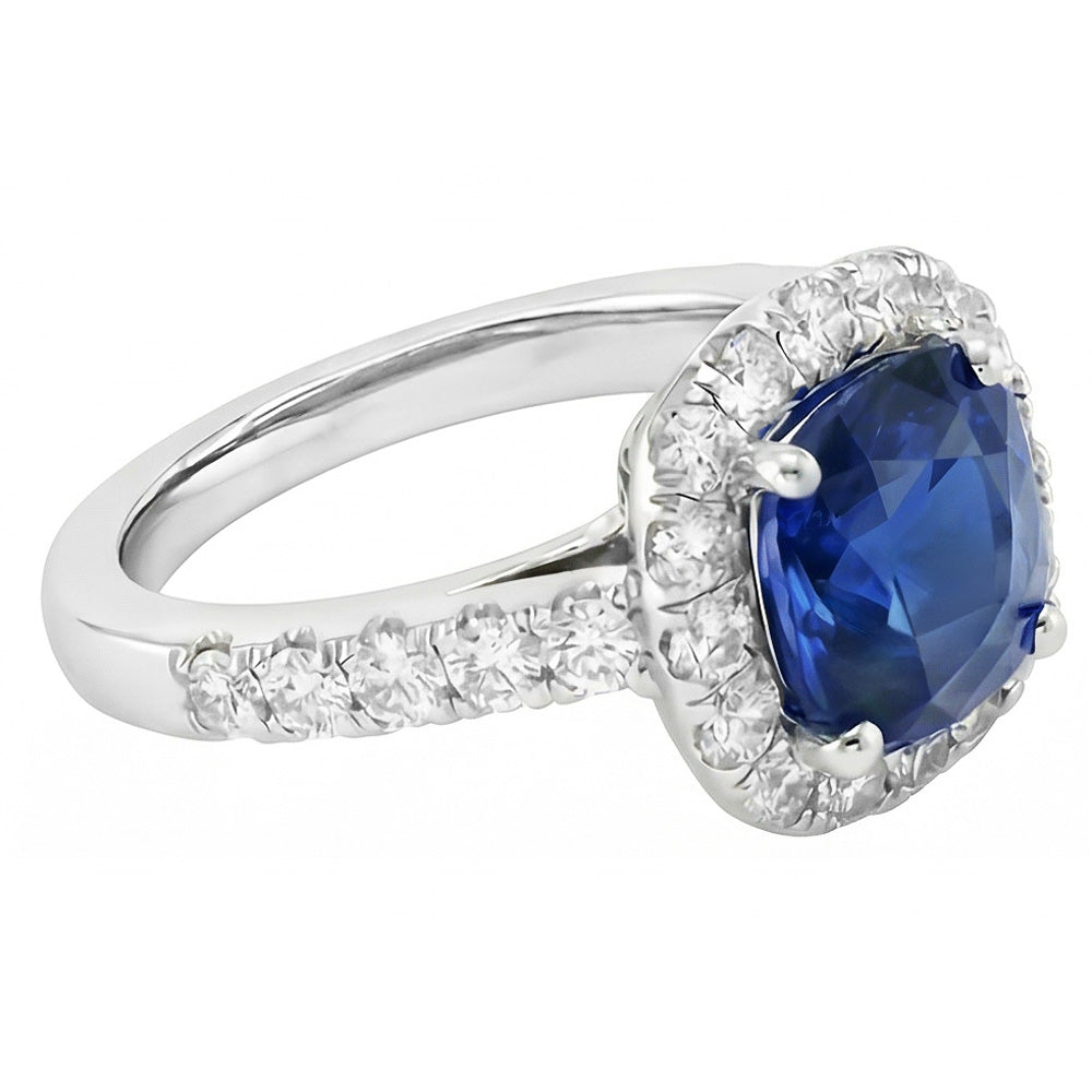Sapphire Halo Engagement Ring 3.50 Carats Cushion & Round Natural Earth Mined Diamond ( Not Lab Grown )s