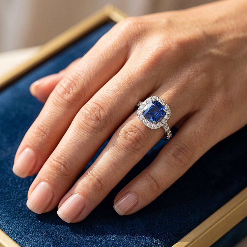 Sapphire Halo Engagement Ring 3.50 Carats Cushion & Round Natural Earth Mined Diamond ( Not Lab Grown )s