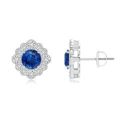 Sapphire And Natural Earth Mined Diamond Lady Halo Stud Earring White Gold 14K