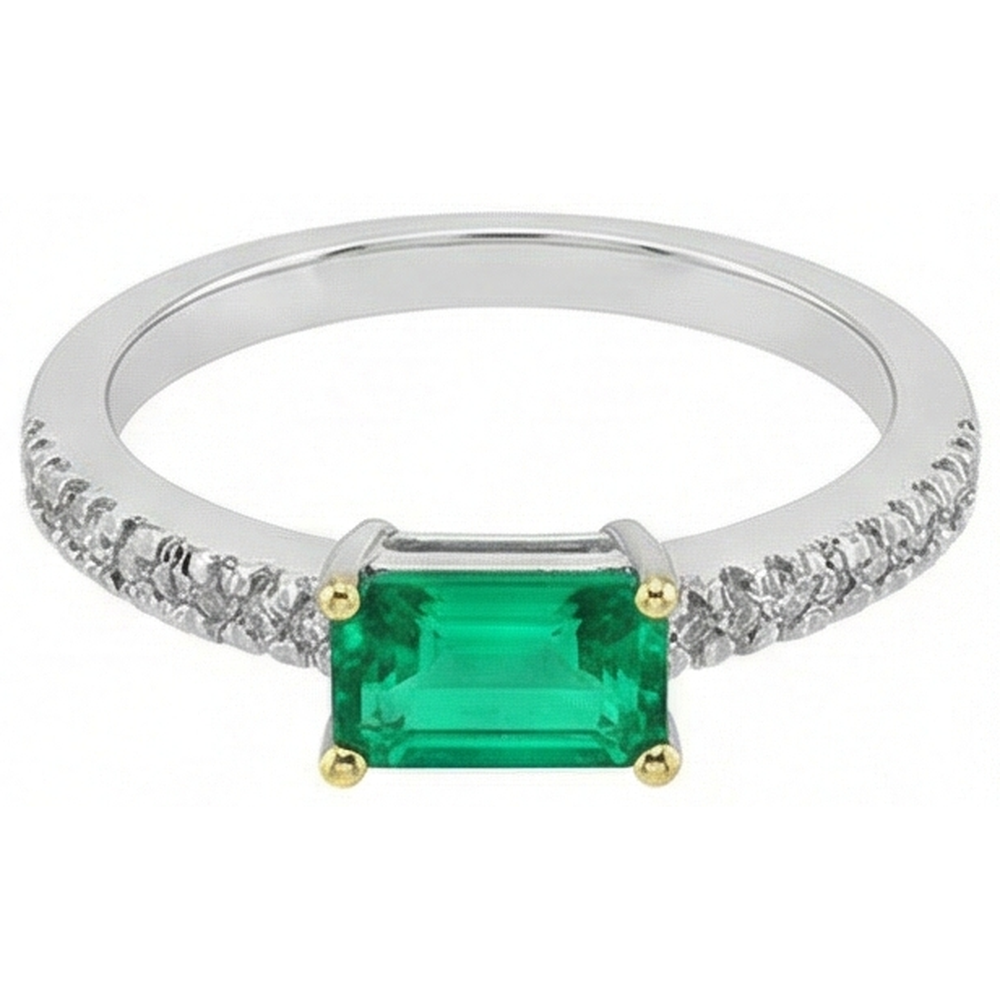 Colombian Emerald Step Cut Colored Stone Ring in 14K Two Tone Gold – side view