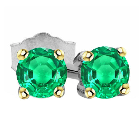 Fine Emerald Round Brilliant Gemstone Earring in 14 Karat Two Tone Gold – main view