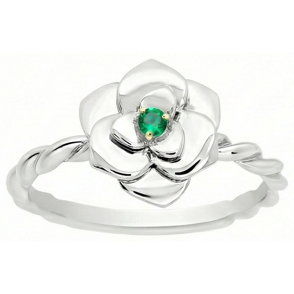 Fine Emerald Round Brilliant Gemstone Ring in 14 Karat Two Tone Gold – front view