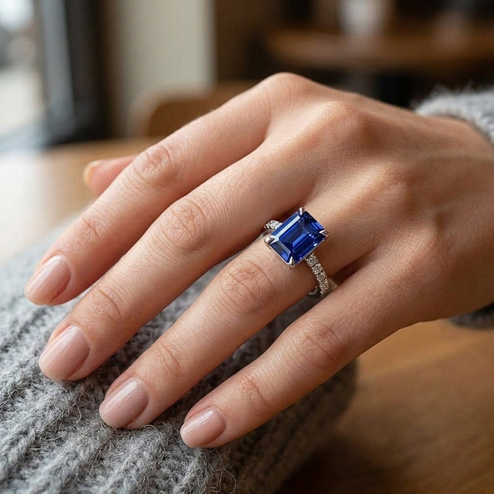 Solitaire Accents Ring Emerald Blue Sapphire & Natural Earth Mined Diamond ( Not Lab Grown ) 4 Carats