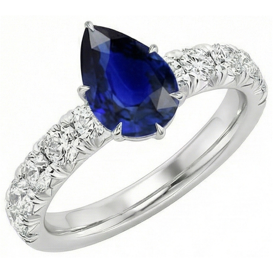 Solitaire Accents Ring Pear Blue Sapphire & Natural Earth Mined Diamond ( Not Lab Grown )s 5 Carats Pave Set