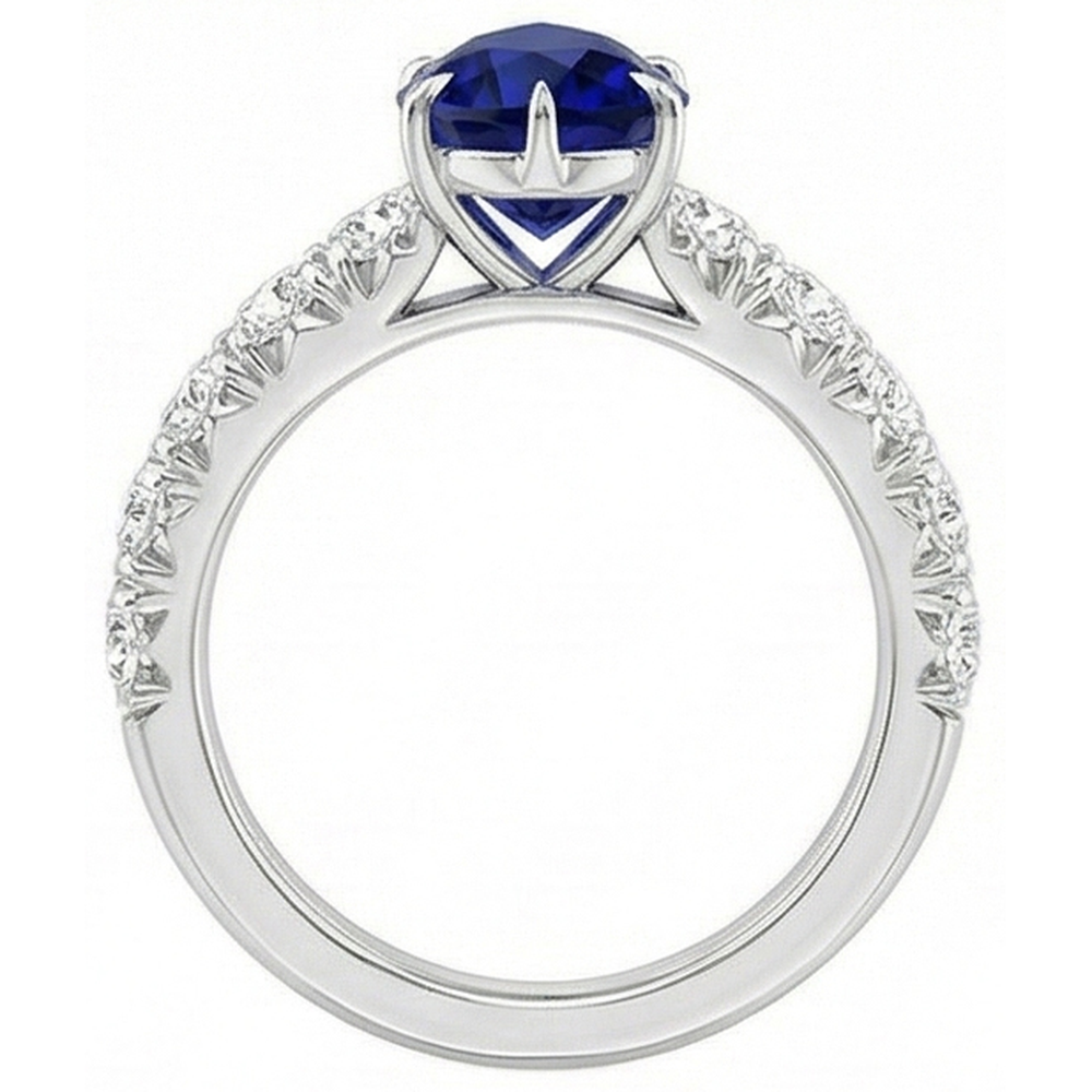 Solitaire Accents Ring Pear Blue Sapphire & Natural Earth Mined Diamond ( Not Lab Grown )s 5 Carats Pave Set