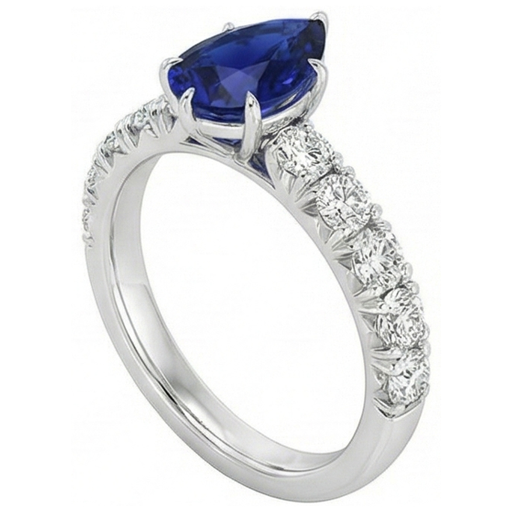Solitaire Accents Ring Pear Blue Sapphire & Natural Earth Mined Diamond ( Not Lab Grown )s 5 Carats Pave Set